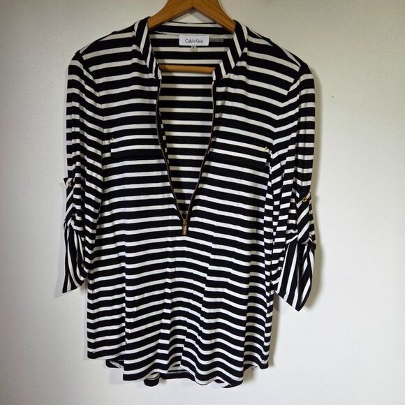 EUC LIKE NEW CALVIN KLEIN STRIPED HALF ZIP CUFFED SLEEVES STRIPED TOP SIZE SMALL - Picture 1 of 16